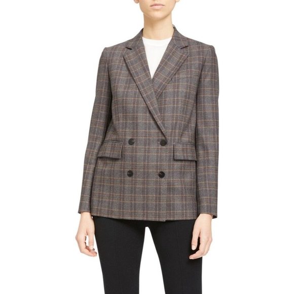 Theory Jackets & Blazers - Theory Womens 6 Brown Griffin Plaid Double Breaste